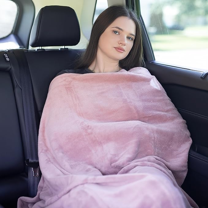 BlueHills Premium Soft Long Travel Blanket Pillow for Tall Airplane Flight Blanket 70 X48 inch Throw in Soft Bag case with Hand Luggage Belt & Backpack Clip Compact Pack Large Blanket Pink T055