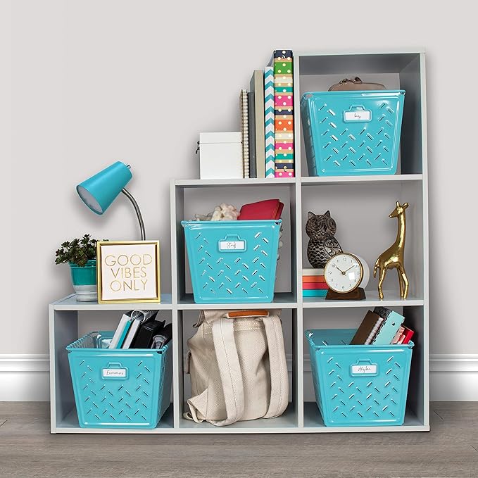 Spectrum Diversified Macklin, Stamped Steel & Wire Basket for Closet & Cubby Storage Vintage-Inspired Design with Customizable Label Plate, Medium, Teal, 1 Count (Pack of 1)