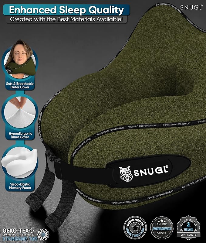 SNUGL Neck Travel Pillow - Memory Foam Airplane Pillow - Flight Pillow | Neck Support Travel Pillow with Carry Bag & Clip | Neck Pillows for Sleeping Travel Plane | Flying Travel Essentials - O.Green