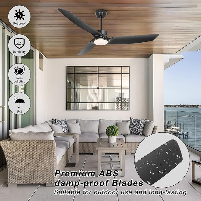 Ohniyou 56 Inch Black Ceiling Fan with Lights, Modern 3 Blades Ceiling Fan with Remote/APP Control, Reversible DC Motor, Dimmable 3 CCT, Indoor Outdoor Ceiling Fan for Covered Patios Living Room