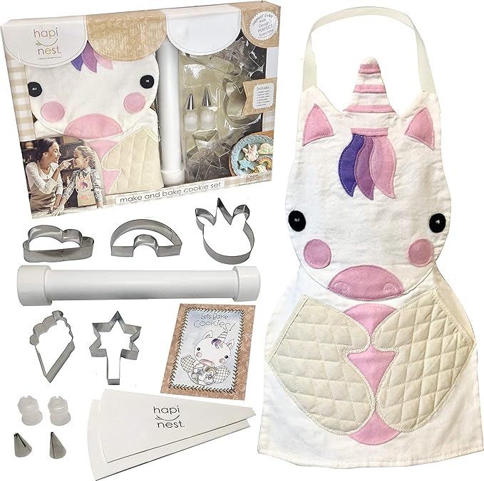 Hapinest Unicorn Cookies Baking Set for Kids Girls Real Baking Kit Gifts Ages 4 5 6 7 8 Years Old - Unicorn Apron, Unicorn Theme Cookie Cutters, Piping Bags and Tips, Cookie Dough Roller