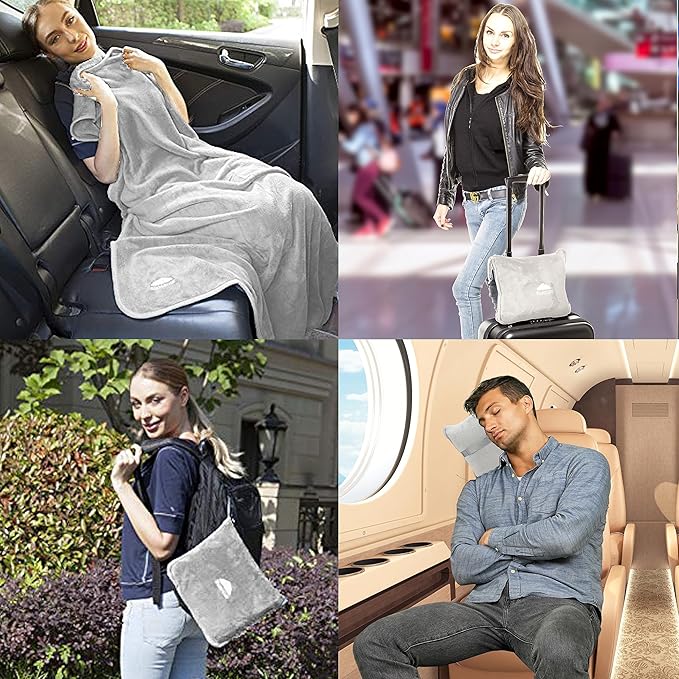 BlueHills Premium Soft Travel Blanket Pillow Airplane Flight Blanket Throw in Soft Bag Pillow case with Luggage Belt & Backpack Clip Compact Pack Large Blanket - Light Gray T024