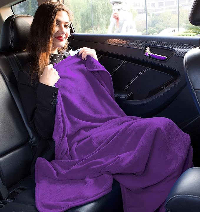 BlueHills Travel Blanket Pillow Premium Soft Plush for Airplane Travel Size Blanket Throw Long Flight Essentials in Compact Bag Plane Portable Lightweight Purple T021