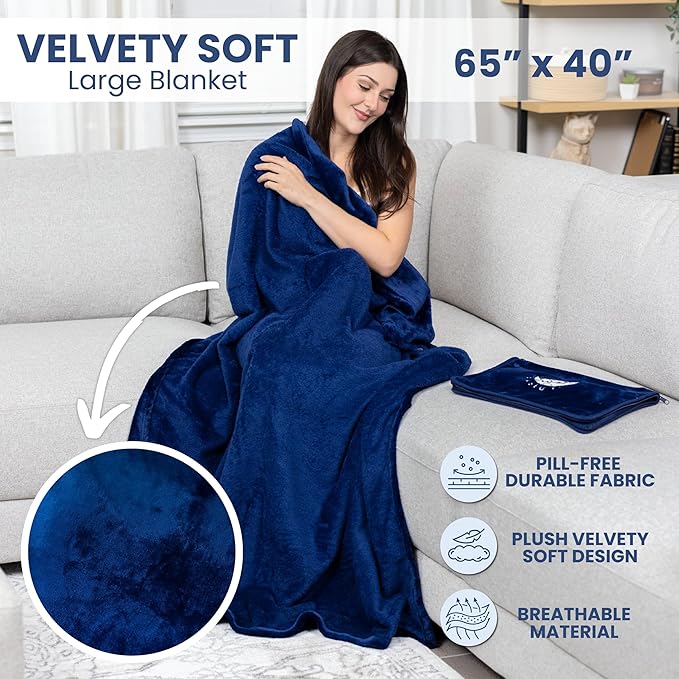 Resty Travel Blanket - Compact Airplane Blanket with Bag - Small and Lightweight Traveling Blanket & Pillow - Portable Blankets with Carabiner for Easy Transport - Plane Train Car (Navy Blue)