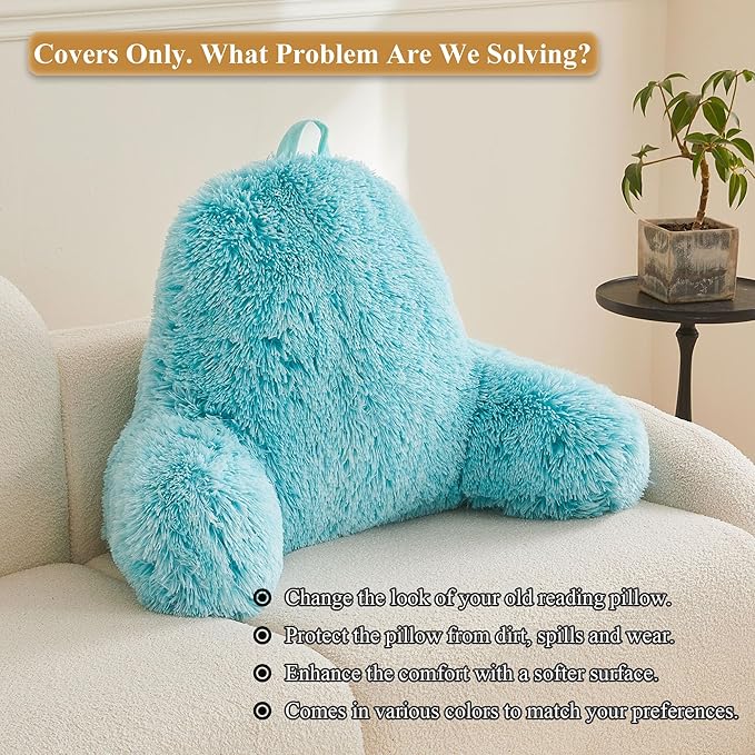 XeGe Faux Fur Reading Pillow Cover (No Filler), Fluffy Back Rest Pillow Case for Bed Sitting Up, Adults Kids Gaming Shaggy Sit Up Back Support Pillow Cover with Arms for Couch Chair Car, Aqua Ombre