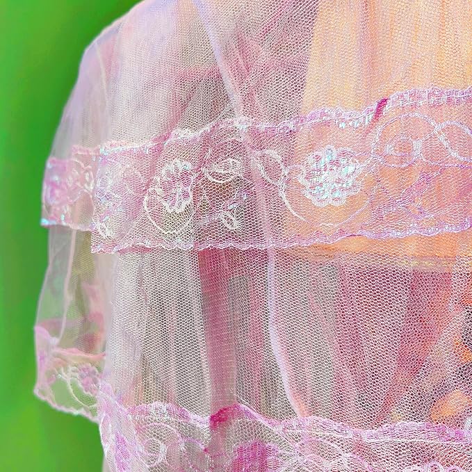 Eimilaly Lace Bed Canopy Mosquito Netting with Warm Lights, Princess Bed Canopy for Girls Room Decor, Blue/Single Door