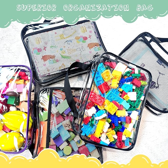 4 Packs PVC Toy Zippered Blocks, Travel Storage Case Bags for Organizing, Waterproof Toy Storage Bags with Mesh Pockets for Building Blocks, Puzzles, Clays,Toy Cars 11.8"Lx3" Wx9" H (Black).