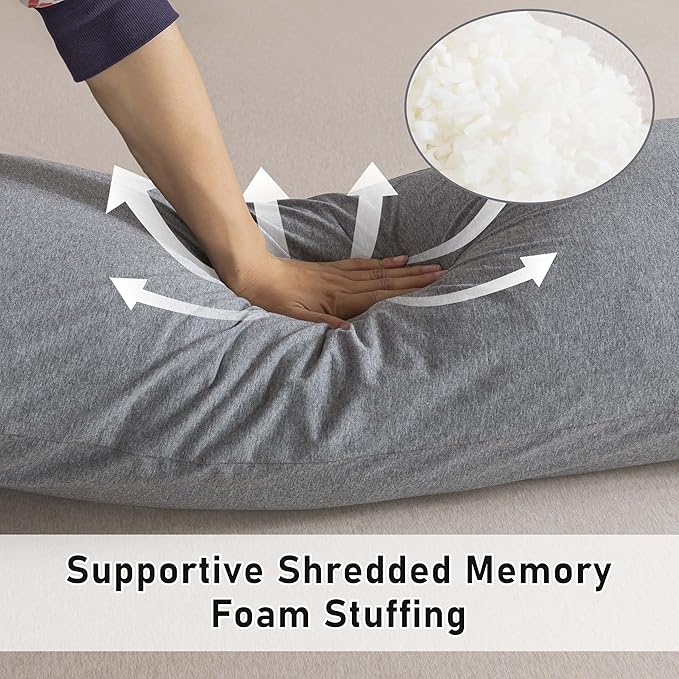 WhatsBedding Memory Foam Body Pillow with 100% Cotton Jersey Knitted Cover, Luxury Soft Large Long Pillow for Adults, Firm Full Body Pillow with Removable Zippered Pillow Case - Dark Grey