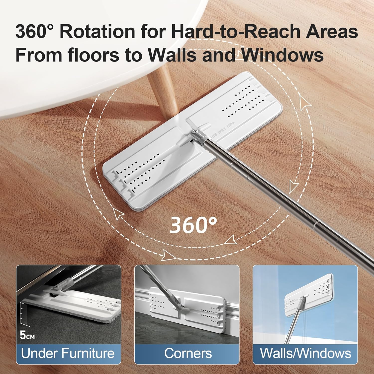 JOYMOOP Mop and Bucket with Wringer Set, Flat Squeeze Mop with Bucket (X-Large), Dust Mop for Wall Cleaner with Long Handle, Microfiber Mop - White Bucket with 3 Reusable 15" Pads