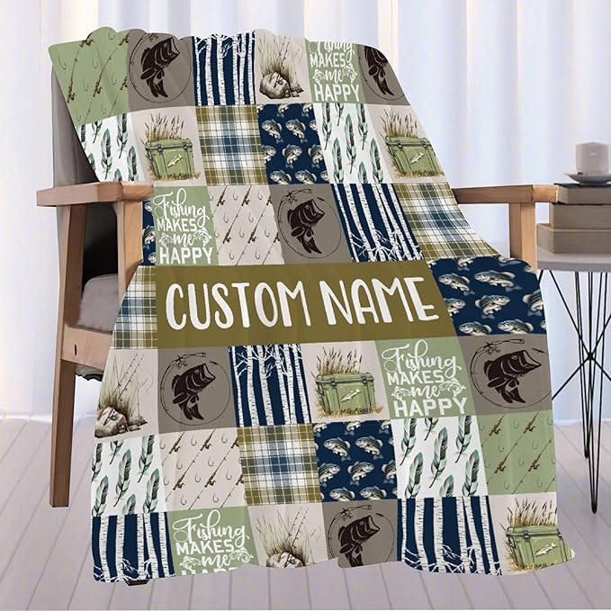 Custom Fishing Blankets and Throws,Fishing Gifts, Gifts for Fisherman,Custom Fish Blankets Fishing Gift for Man, Fish Hunter Gifts Throw Blanket, Fathers Day Fishing Gifts for Men,Family Size-90"x120"