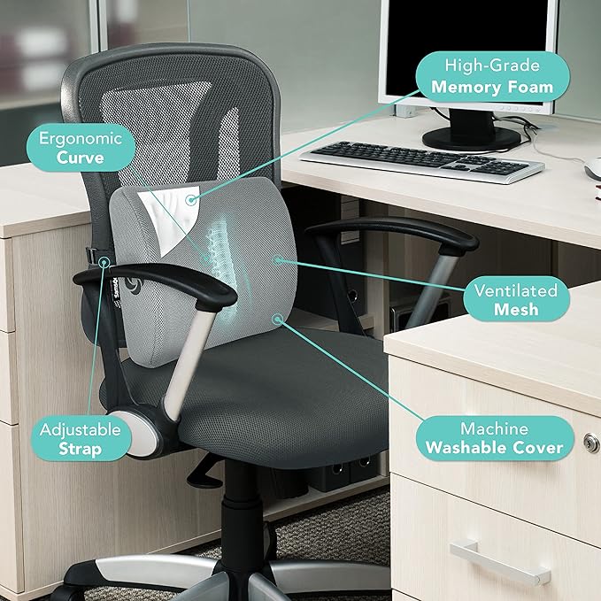 Samsonite SA5244 Ergonomic Lumbar Support Pillow Helps Relieve Lower Back Pain 100% Pure Memory Foam Improves Posture Fits Most Seats Breathable Mesh Washable Cover Adjustable Strap