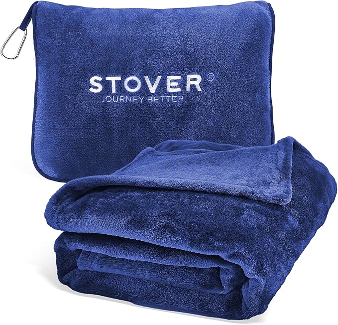 STOVER 2-in-1 Combo Airplane Travel Blanket & Pillow Bag- Lightweight, Compact, Packable, Warm Premium Fleece Set for Long Flights- w/Luggage Sleeve & Backpack Clip- for Men, Women & Families (Blue)