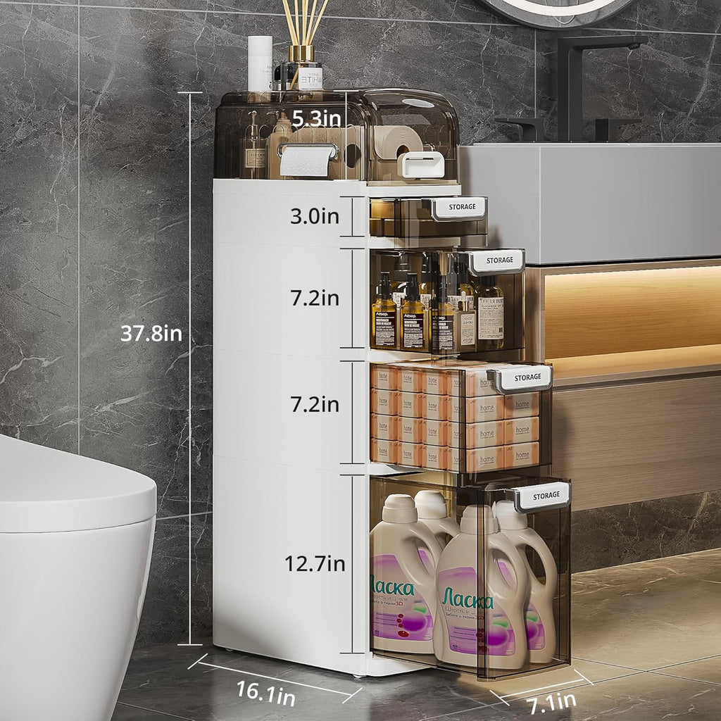 VECELO 5-Tier Narrow Beside Toilet Storage Cabinet, Plastic Bathroom Organizers and Storage with Drawers & Wheels, Space-Saving, Slim Toilet Paper Storage for Bathroom, Laundry Room, Small Space