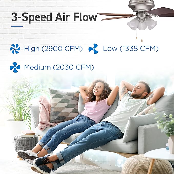 COMMERCIAL COOL 42” Contemporary Ceiling Fan with Lights, Cools up to 175 Sq. Ft., Ideal for Medium Sized Rooms, Equipped with Dual Chain, 5 Reversible Dual Finish Blades & Featuring 3 Air Flow Speeds