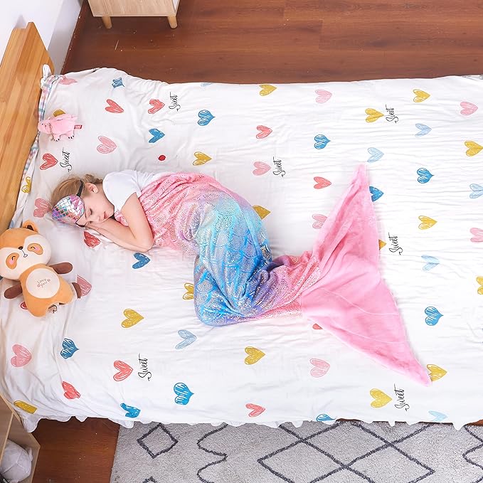 Catalonia Kids Mermaid Tail with Sleep Mask, Super Soft Flannel Sleeping Snuggle Blanket for Girls, Fish Scale Pattern, Birthday Gift for Daughter