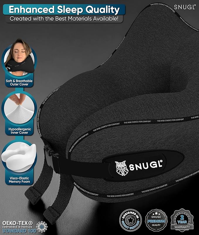 SNUGL Neck Travel Pillow - Memory Foam Airplane Pillow - Flight Pillow | Neck Support Travel Pillow with Carry Bag & Clip | Neck Pillows for Sleeping Travel Plane | Flying Travel Essentials - Black