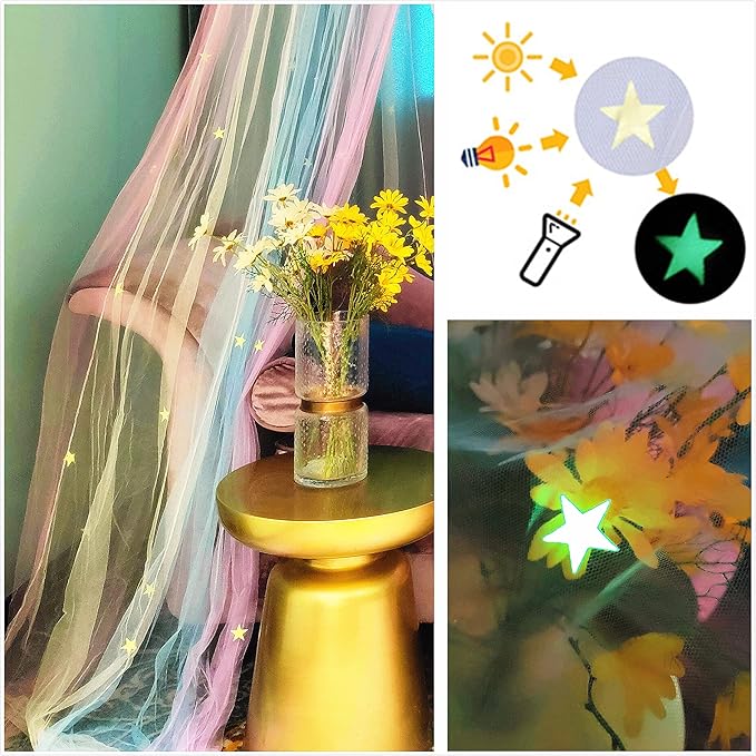 Eimilaly Princess Rainbow Bed Canopy with Stars Glow in The Dark, Bed Canopy for Girls Room Decor or Unicorn Theme Party