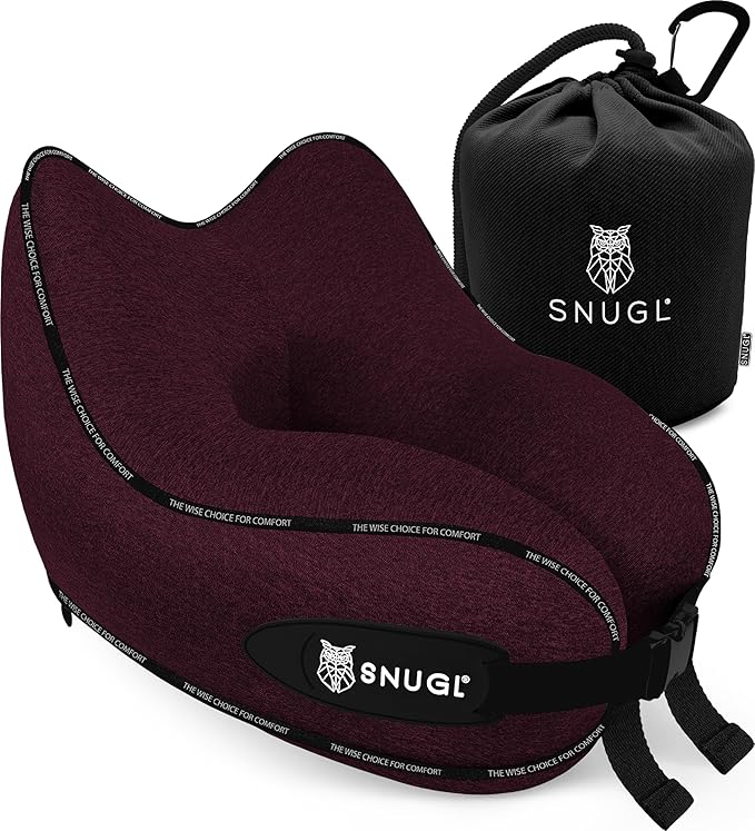 SNUGL Neck Travel Pillow - Memory Foam Airplane Pillow - Flight Pillow | Neck Support Travel Pillow with Carry Bag & Clip | Neck Pillows for Sleeping Travel Plane | Flying Travel Essentials - Dark Red