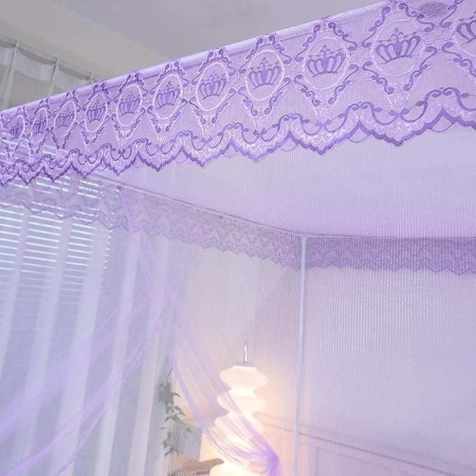 Bed Canopy, Princess Bed Curtain Net for Girls & Adults，Three-Doors Rectangle Lace Dome Netting (Purple, King)