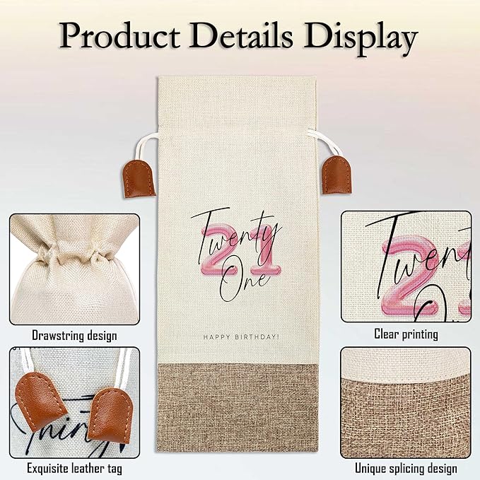 21th Birthday Wine Bag, Cotton Linen Wine Gift Bag With Drawstring, Wine Champagne Bottle Gift Bag, 21st Birthday Gifts Wine Bag for Woman Her Girl Friend Sister, 21th Birthday Party Favors-14