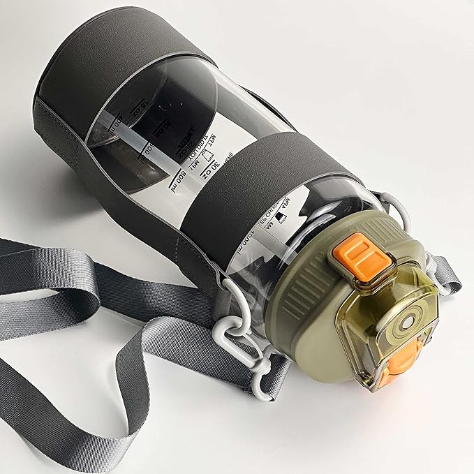 48oz Borosilicate Glass Water Bottle with Straw and Time Marker, Large Sport Water Jug with Adjustable Strap for Men Women (Green)