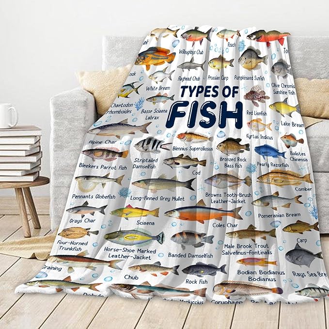 Fish Throw Blanket,Types of Fish Blanket Fish Blanket Gifts,Ultra Soft Lightweight Flannel Blankets Warm Fuzzy Cozy Plush Blankets for Couch Sofa Bed Living Room,Queen Size-60"x80"