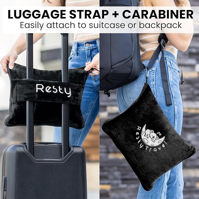 Resty Travel Blanket - Compact Airplane Blanket with Bag - Small and Lightweight Traveling Blanket & Pillow - Portable Blankets with Carabiner for Easy Transport - Plane Train Car (Onyx Black)