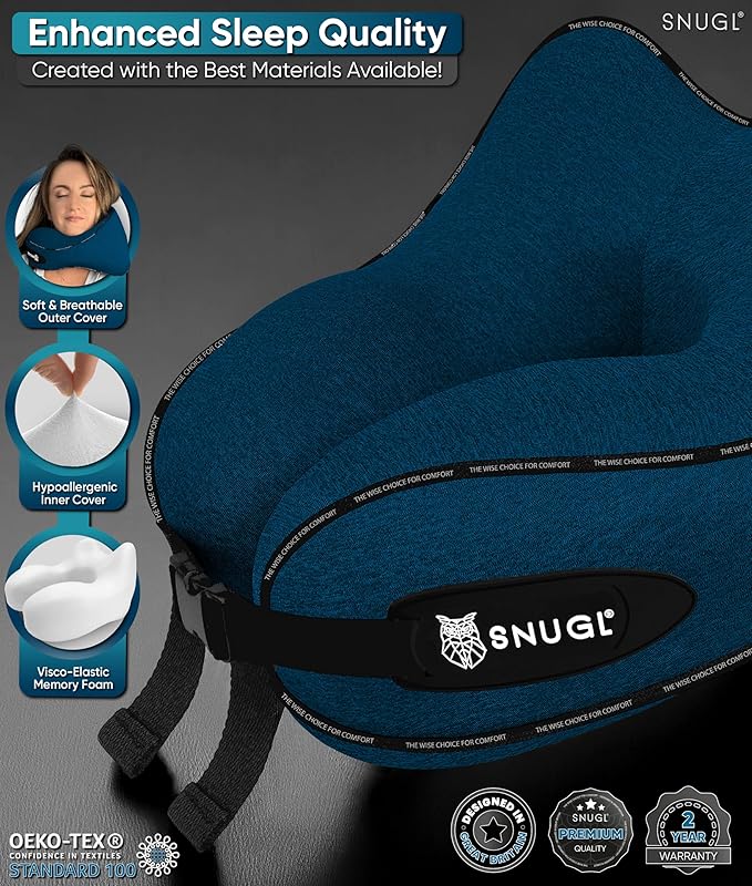 SNUGL Neck Travel Pillow - Memory Foam Airplane Pillow - Flight Pillow | Neck Support Travel Pillow with Carry Bag & Clip | Neck Pillows for Sleeping Travel Plane | Flying Travel Essentials - Navy