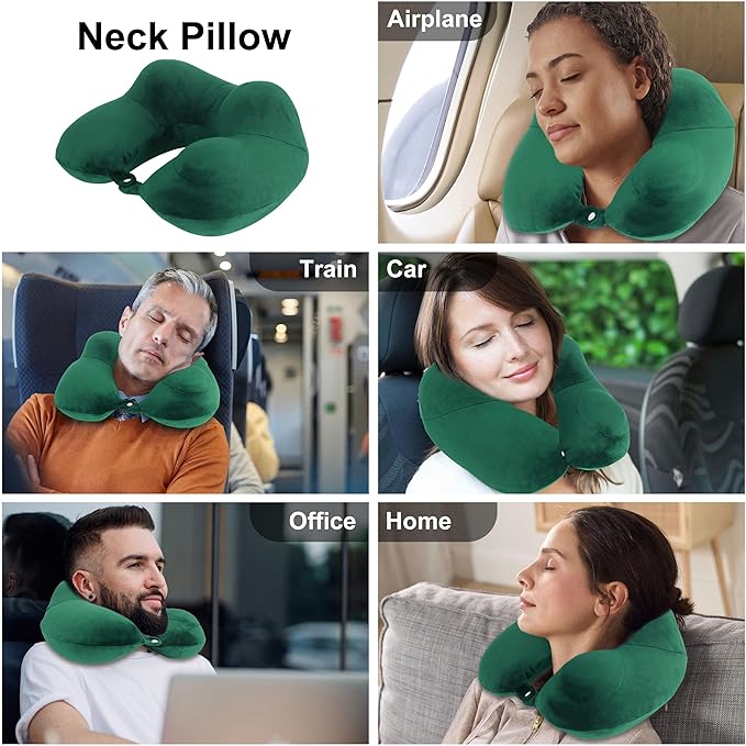 Inflatable Travel Pillow, Comfortable & Supportive Neck Pillow for Traveling, Pain Relief Sleeping Neck Pillows for Airplanes/Cars/Buses/Trains/Office Napping (Green)