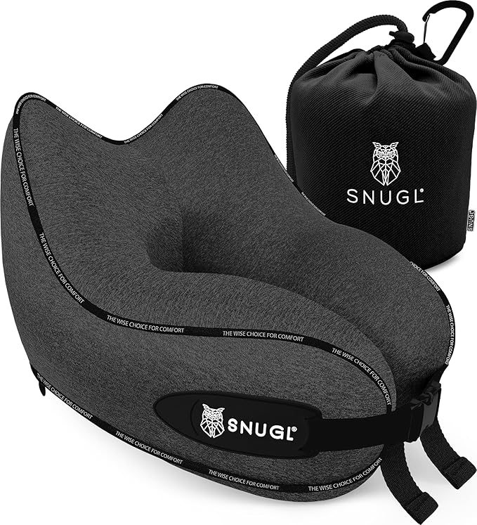 SNUGL Neck Travel Pillow - Memory Foam Airplane Pillow - Flight Pillow | Neck Support Travel Pillow with Carry Bag & Clip | Neck Pillows for Sleeping Travel Plane | Flying Travel Essentials, Dark Grey