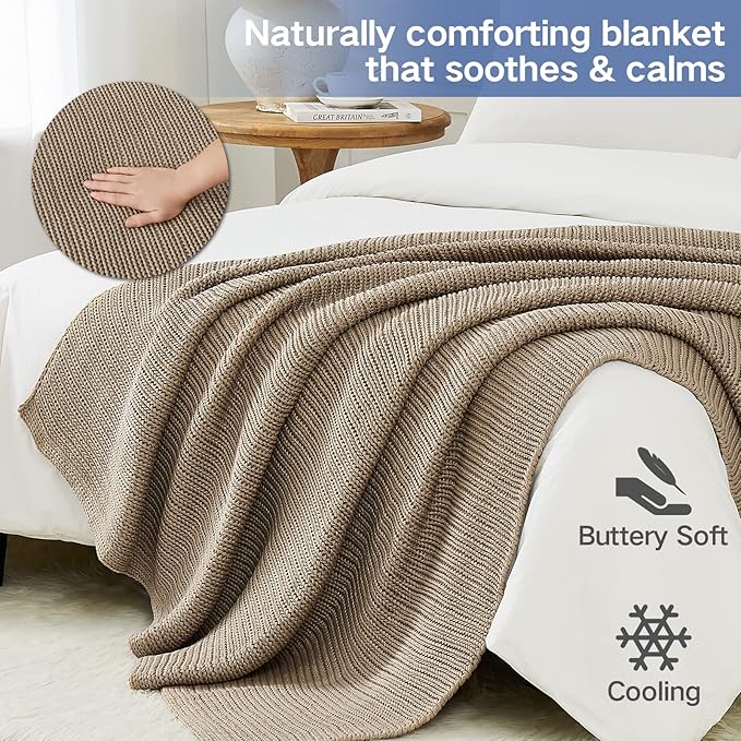 Knitted Weighted Blanket(Beige 50"x75" 20lbs),Home Décor Cooling Throw Blanket for Hot Sleepers,Hand Made Chunky Knit Heavy Blanket for Adults Use on Full Size Bed