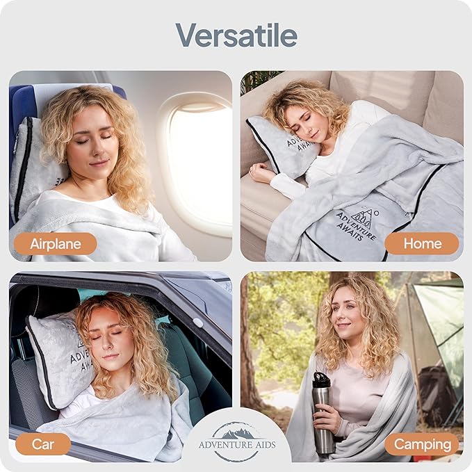 Travel Pillow & Blanket Set - Super Soft 2 in 1 Blanket with Cozy Hand & Feet Pouches Zip into Plush Pillows - Large Size Wraps You in Warmth on Airplanes - Luggage Sleeve & Backpack Clip (Gray)