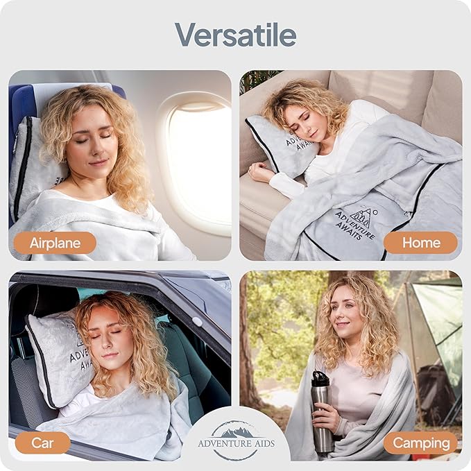 Travel Pillow and Blanket Set - Super Soft 2 in 1 Blankets with Cozy Hand & Feet Pouches Zip into Plush Pillows - Large Size Wraps You in Warmth on Airplanes - Luggage Sleeve & Backpack Clip (Gray)