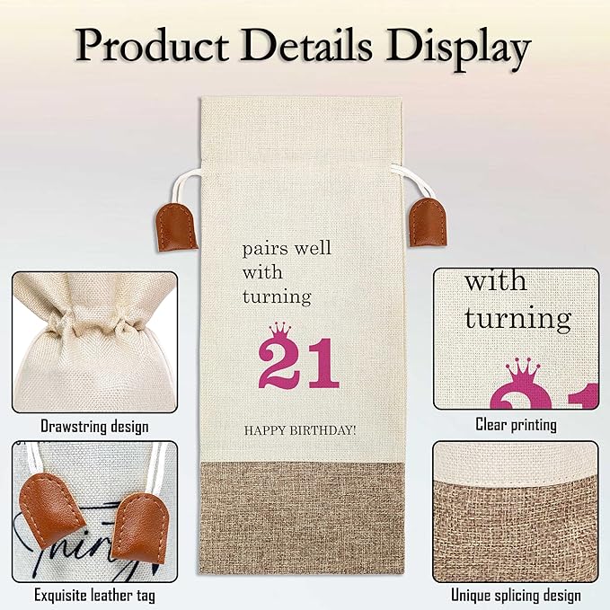 21th Birthday Wine Bag, Cotton Linen Wine Gift Bag With Drawstring, Wine Champagne Bottle Gift Bag, 21st Birthday Gifts Wine Bag for Woman Her Girl Friend Sister, 21th Birthday Party Favors-33