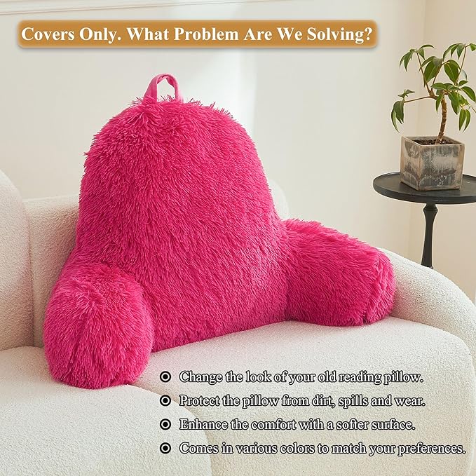 XeGe Fluffy Back Support Pillow Cover for Bed (No Filler), Faux Fur Backrest Pillow Case for Sitting in Bed, Furry Reading Pillow Cover for Adults Kids, Fuzzy Sit Up Pillow for Floor Chair, Hot Pink