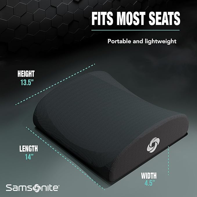 SAMSONITE Lumbar Support Pillow For Office Chair and Car Seat, Perfectly Balanced Memory Foam , Versatile Use Lower Back Cushion
