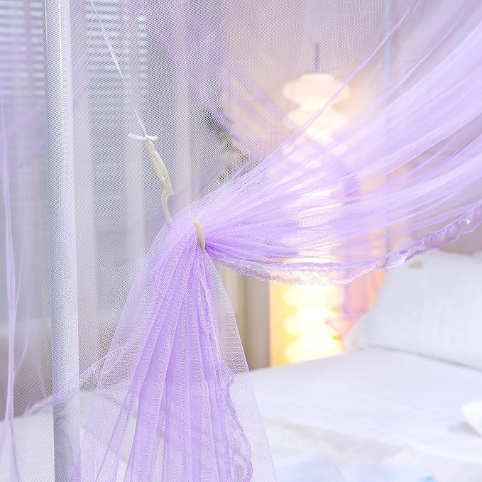 Bed Canopy, Princess Bed Curtain Net for Girls & Adults，Three-Doors Rectangle Lace Dome Netting (Purple, King)