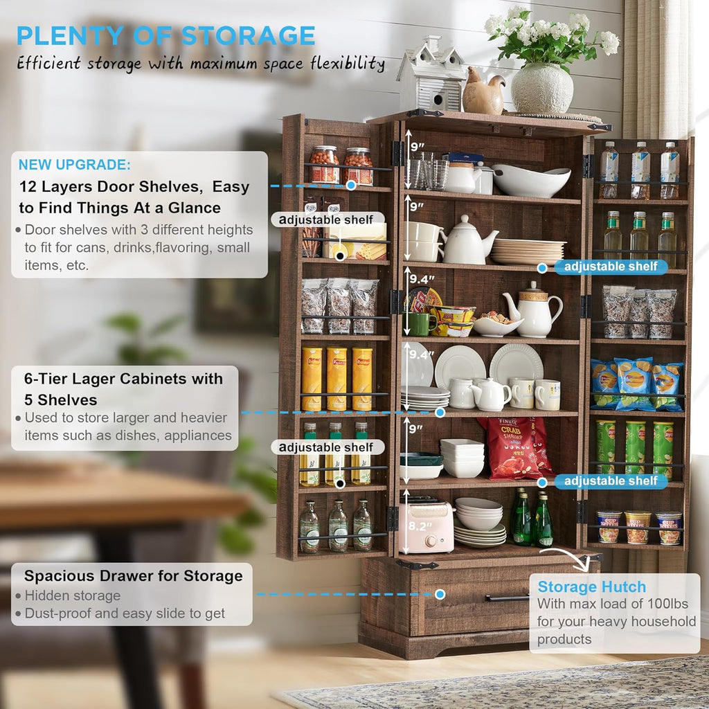 72‘’ Farmhouse Kitchen Pantry Cabinet with Drawer, Tall Storage Cabinet with 2 Barn Doors and Shelves, Versatile Large Rustic for Dining Room, Bathroom, Living Room, Laudry, Brown