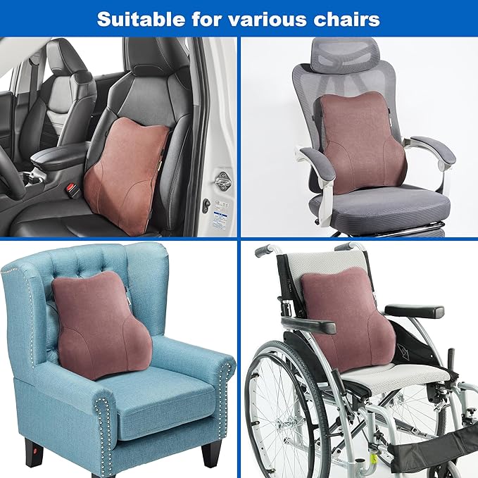 Soft Lumbar Support Pillow for Car Seat and Office Chair, Back Support Pillow for Driver's seat Back Cushion for Pain Relief Improve Posture (Suede Cover-Brown)