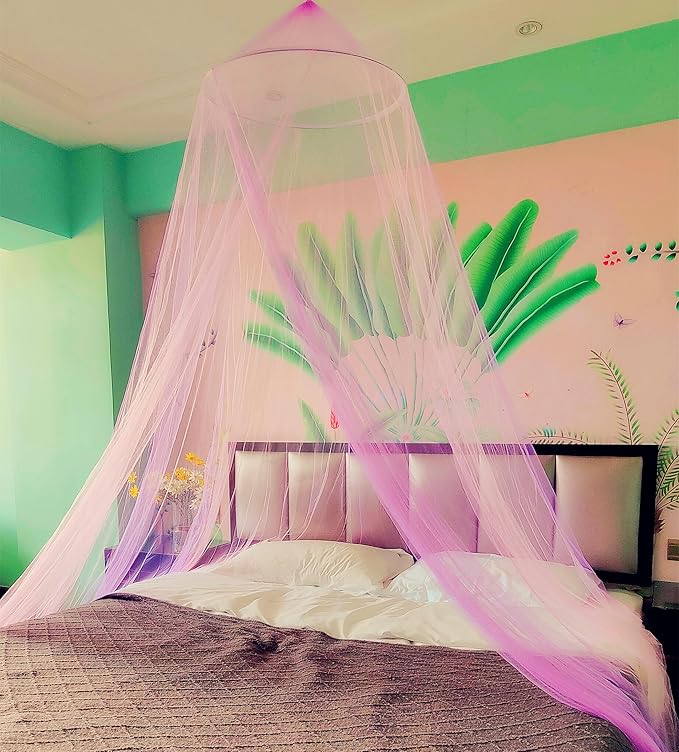 Eimilaly Two-Tone Bed Canopy Mosquito Net Pink Purple with Warm Lights, Bed Canopy for Girls Room Decor, Single Door