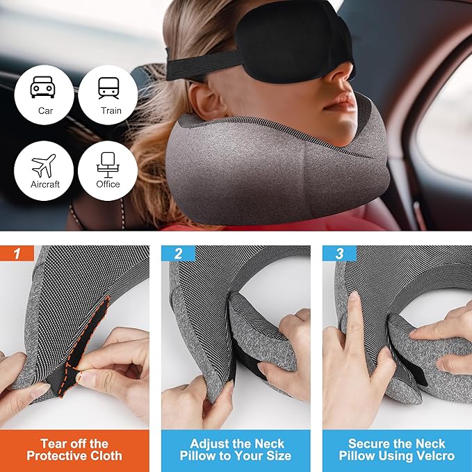 MULIHOMI™ Travel Pillow for Airplane with 100% Memory Foam, 360° Adjustable Full Surrounding Flying Neck Pillows, Travel Pillow Set (Grey)