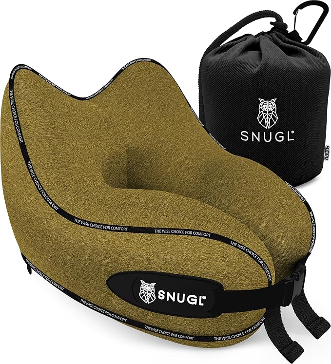 SNUGL Neck Travel Pillow - Memory Foam Airplane Pillow - Flight Pillow | Neck Support Travel Pillow with Carry Bag & Clip | Neck Pillows for Sleeping Travel Plane | Flying Travel Essentials - D.Yellow