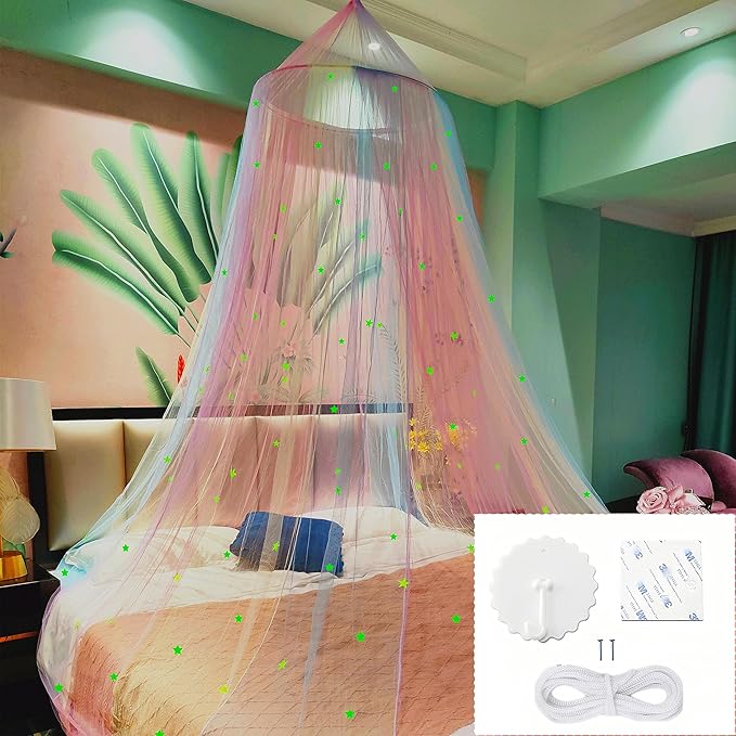 Eimilaly Princess Rainbow Bed Canopy with Stars Glow in The Dark, Bed Canopy for Girls Room Decor or Unicorn Theme Party