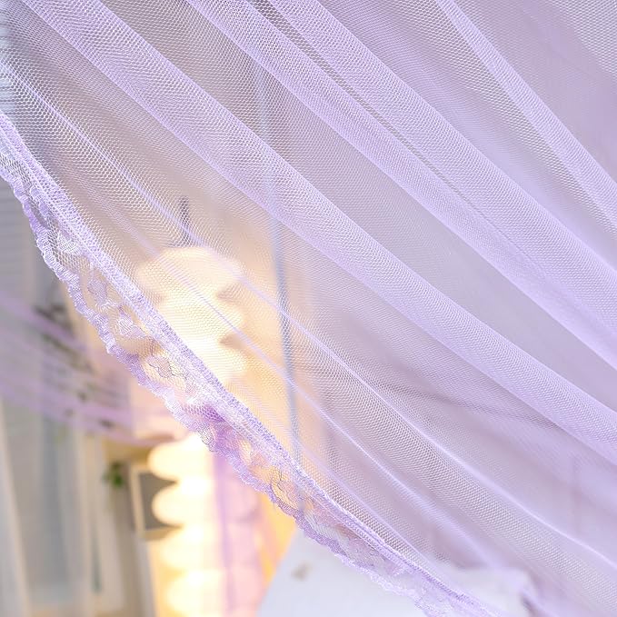 Bed Canopy, Princess Bed Curtain Net for Girls & Adults，Three-Doors Rectangle Lace Dome Netting (Purple, Queen)