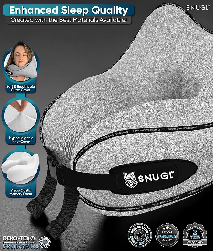 SNUGL Neck Travel Pillow - Memory Foam Airplane Pillow - Flight Pillow | Neck Support Travel Pillow with Carry Bag & Clip | Neck Pillows for Sleeping Travel Plane | Flying Travel Essentials - Grey