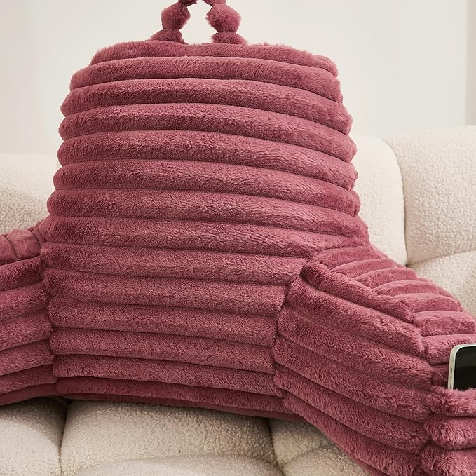 WERDIM Reading Pillow for Sitting in Bed, Faux Fur Back Pillow for Bed Rest, Bed Chair Pillow with Arms and Pockets(Standard, Dusty Rose)