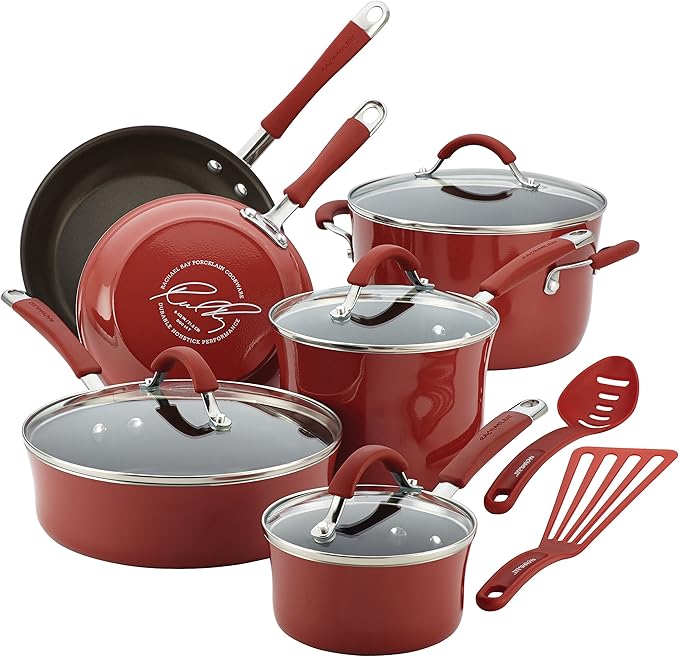 Rachael Ray Cucina Nonstick Cookware Pots and Pans Set, 12 Piece, Cranberry Red & Cucina Bakeware Set Includes Nonstick Bread Baking Cookie Sheet and Cake Pans, 5 Piece