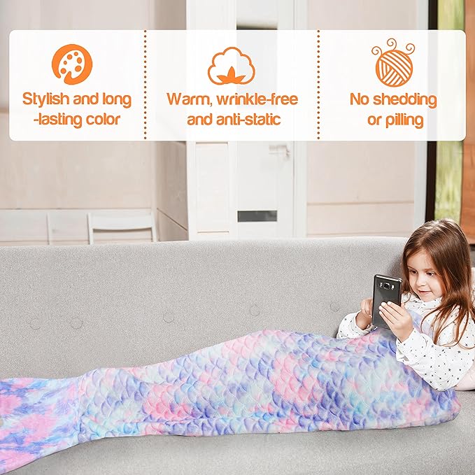 Catalonia Kids Mermaid Tail Blanket, Super Soft Plush Flannel Sleeping Snuggle Blanket for 3-14 yrs Girls, Birthday Gift for Daughter