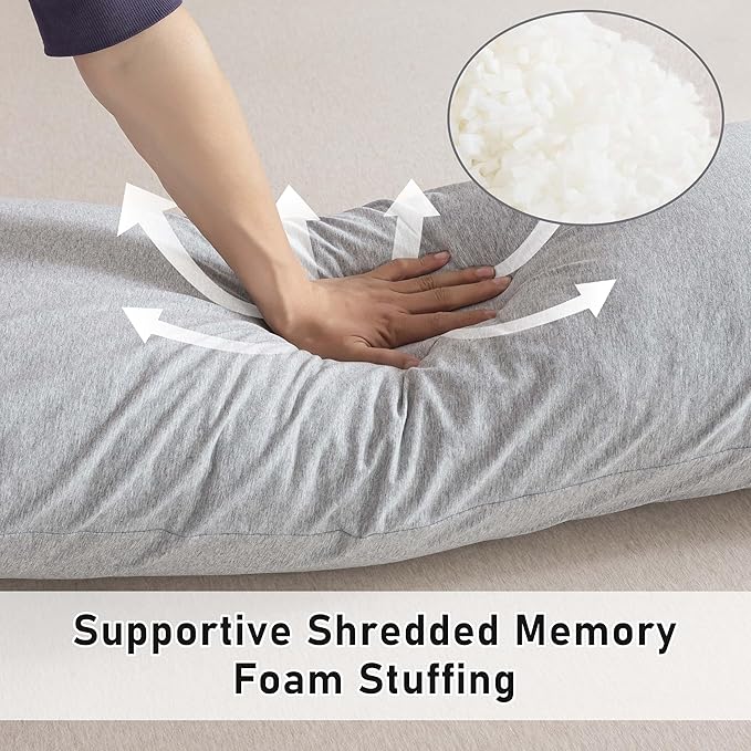 WhatsBedding Memory Foam Body Pillow for Adults, Long Body Pillow for Sleeping, Full Body Pillow for Bed (Removable Cotton Jersey Knitted Cover) - Light Grey