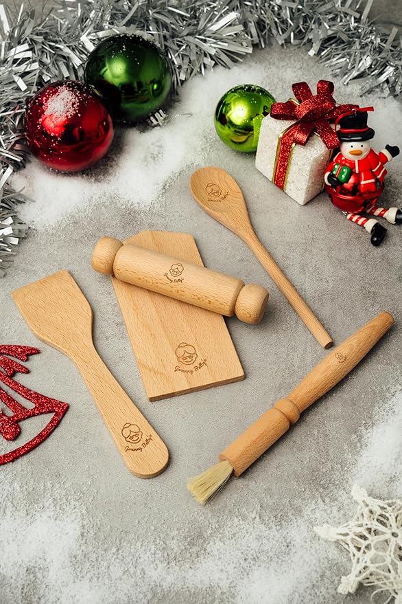 Kids Cooking Utensils Set – 5-Pcs Kids Baking Set with Chopping Board, Spoon, Spatula, Rolling Pin, Brush – Eco-Friendly Birch Wood Toddler Kitchen Set – Child-Size Kitchen Utensil Set